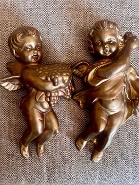Set of Two Vintage Japan Cherub Wall Plaques in Metallic Gold